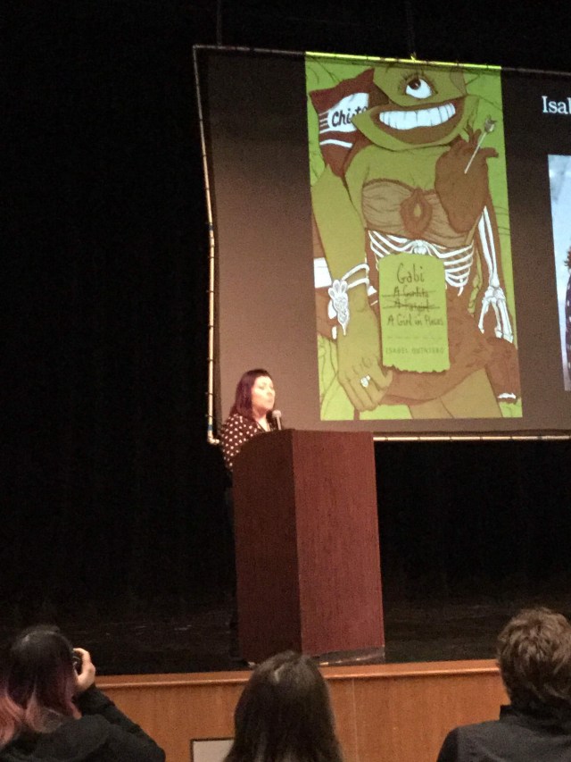 Image of Isabel Quintero giving one of three keynote speeches at the Ontario Teen Book Fest on March 9, 2019.
