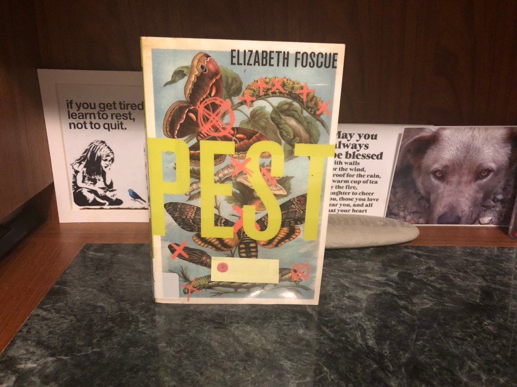 The book “Pest” standing on a desk with a few images behind it including a photo of the face of a wolfish dog. The book cover has images of bugs— a few butterflies, a few caterpillars, a few chrysalises. All have a red “X” over them.