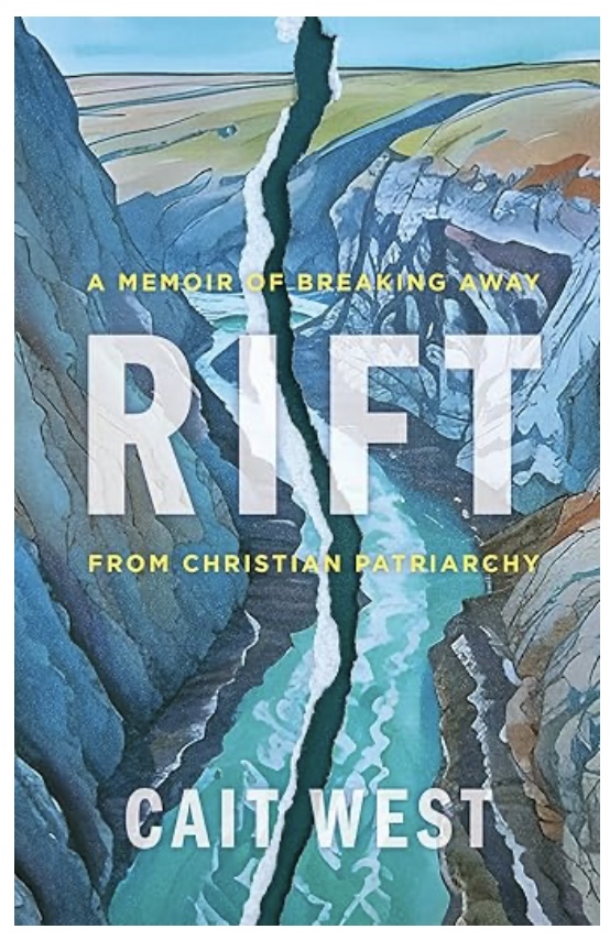 The book cover for “Rift” which is a rock-walled canyon with a river running through it. There is a tear down the middle of the landscape. 