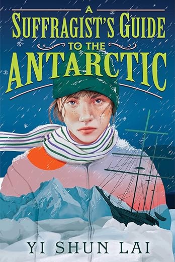 An illustration of young white woman bundled in warm clothing with jagged ice peaks and a ship with mast stuck in the ice.